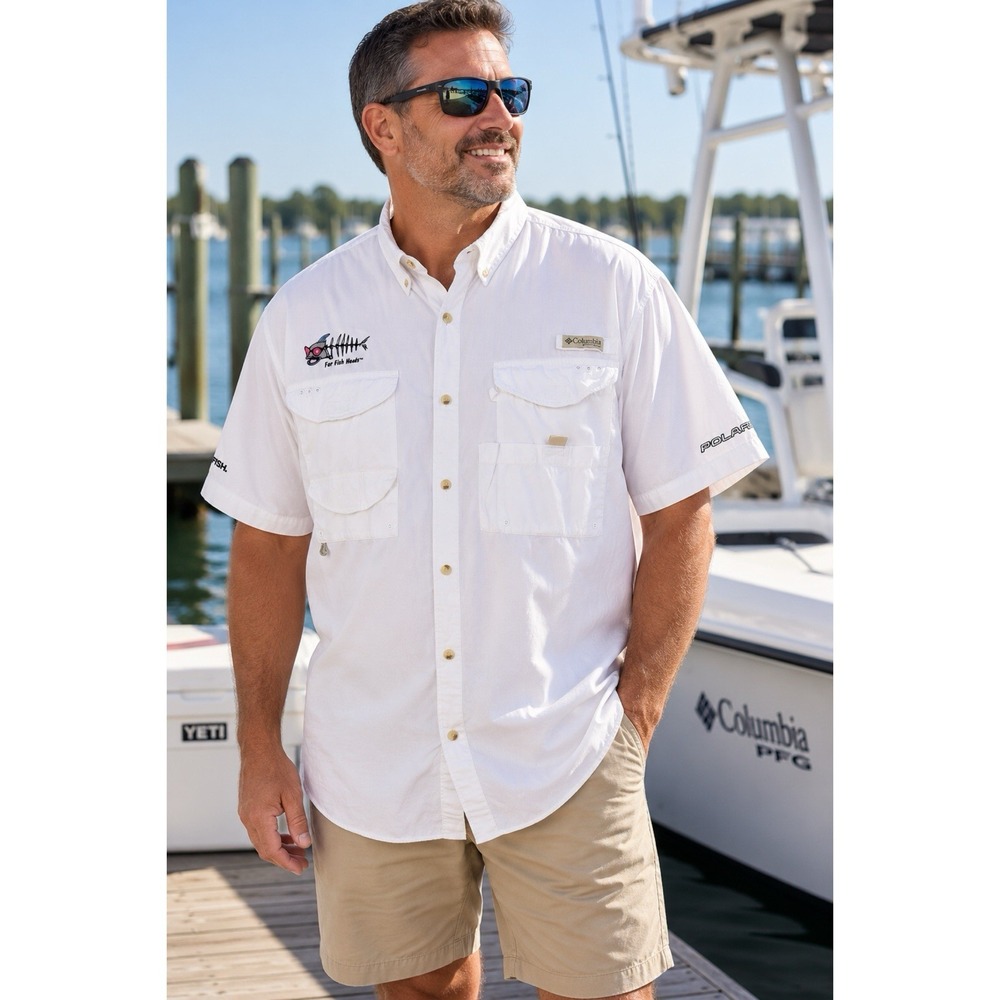 Columbia PFG For Fish Heads Size XXL White Short Sleeve Fishing Shirt Polar